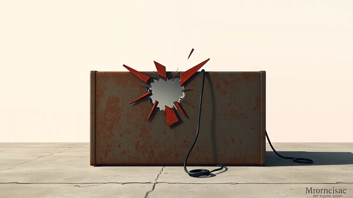 Illustration: A rusted metal box with a jagged crack sits on a concrete floor.