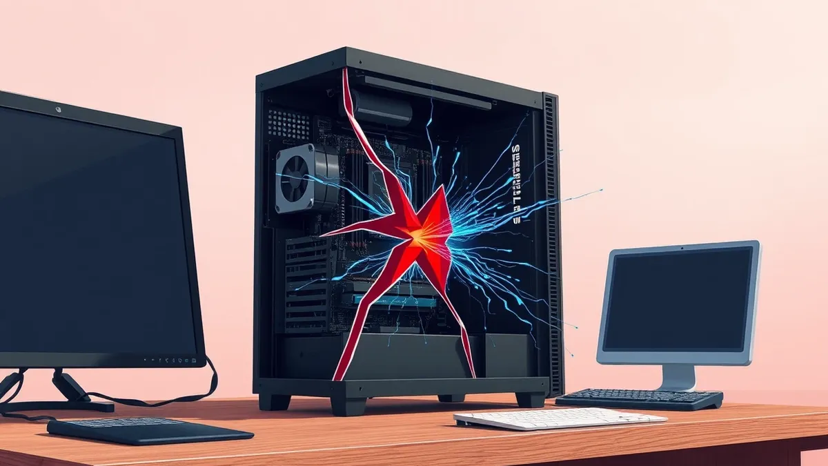 Illustration: A sleek black tower computer sits on a wooden desk, its side panel removed to reveal intricate circuitry.
