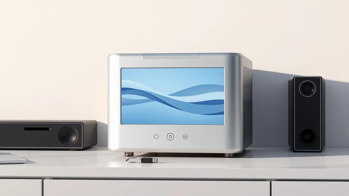 Illustration: A sleek, silver enterprise file-transfer appliance sits on a clean white desk.