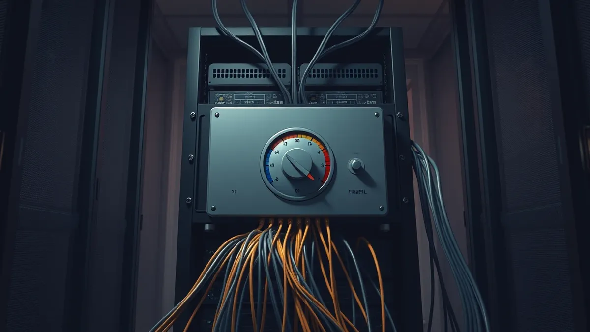 Illustration: A sleek, rack-mounted firewall sits in a dim server room.