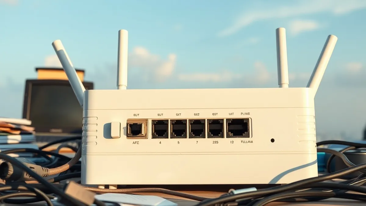 Illustration: A white network router sits on a cluttered desk, its rear panel exposed to reveal several small, unlabelled toggle switches and port covers left carelessly open.