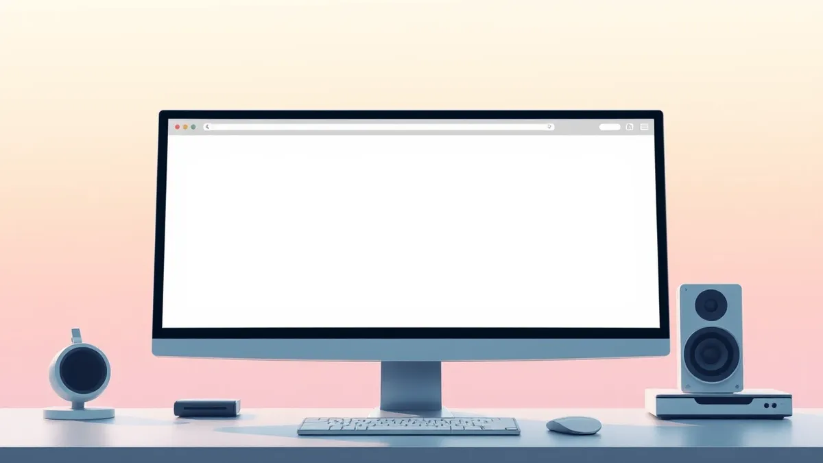 Illustration: A sleek computer monitor sits on a desk, displaying a blank web browser window with abstract geometric shapes representing a content management interface.