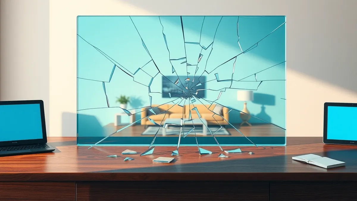 Illustration: A cracked blue glass pane sits on a polished wooden desk, reflecting a distorted, pixelated image of a generic living room.