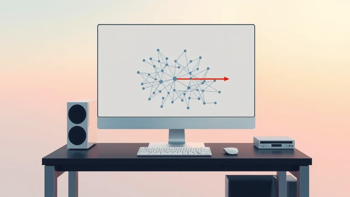 Illustration: A sleek white server sits on a dark desk, its blank monitor displaying a tangled web of gray and blue geometric nodes.