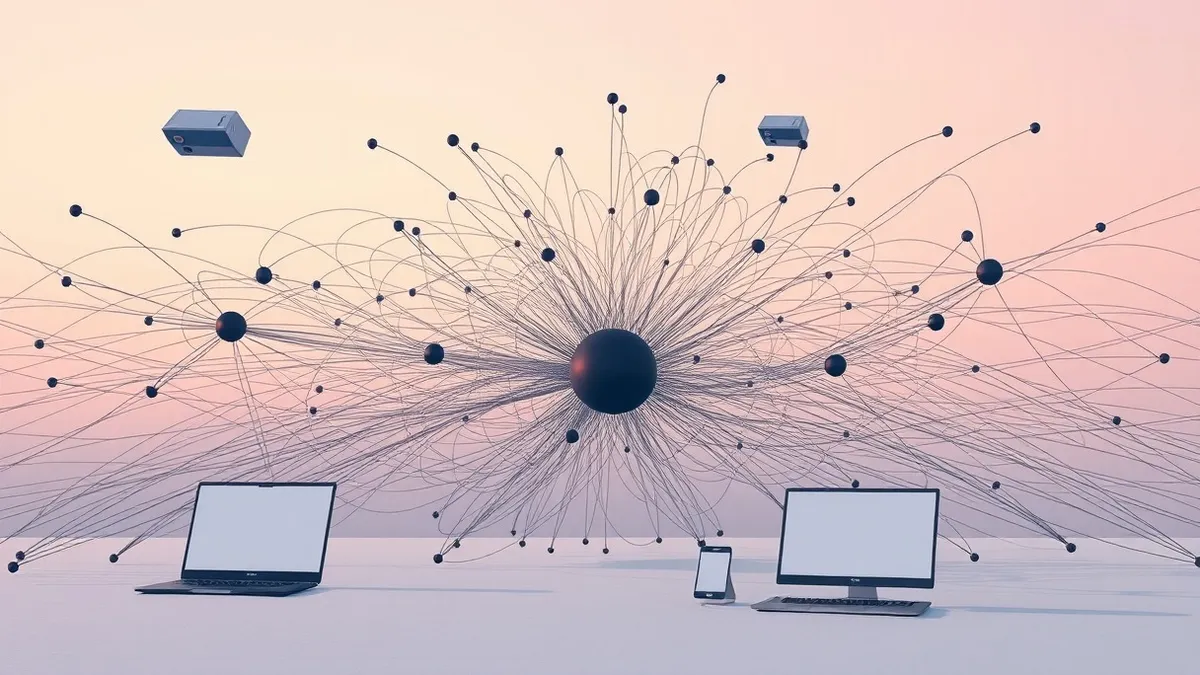 Illustration: A tangled web of rapidly shifting, translucent digital threads connects a central dark node to multiple moving targets.