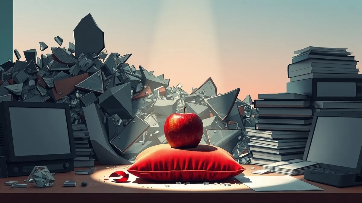 Illustration: A chaotic pile of broken glass shards sits on a cluttered desk, overshadowing a single, pristine red apple resting on a velvet cushion in the foreground.