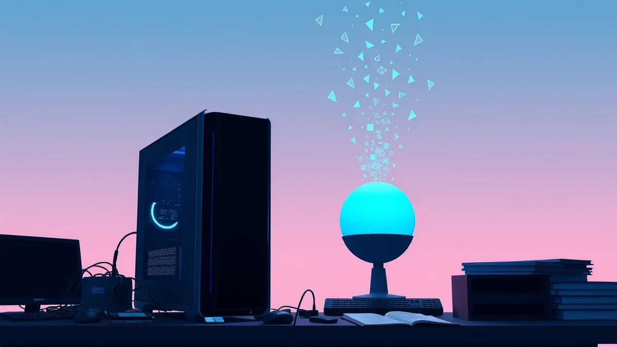 Illustration: A sleek black tower computer sits on a cluttered desk next to a glowing blue orb.