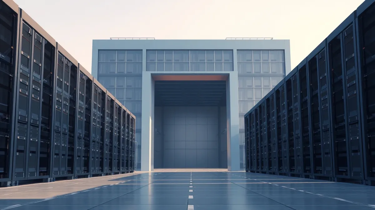 Illustration: A massive cloud data center with rows of blank server racks sits empty in the foreground.