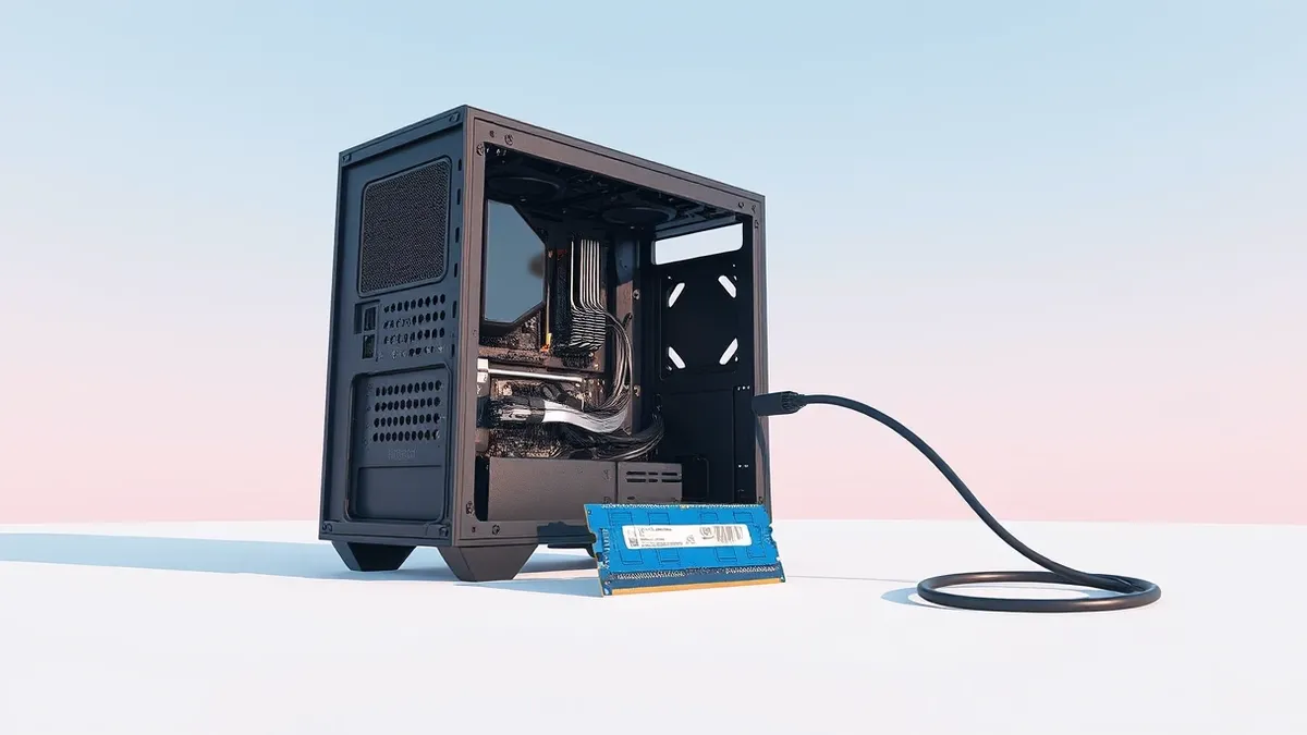 Illustration: A single computer tower sits open on a clean white surface, exposing its internal circuitry.