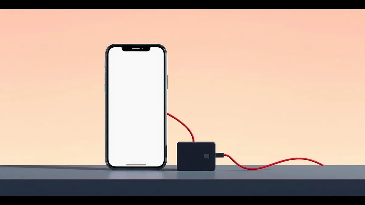 Illustration: A smartphone displays a blank notification screen while a thin red wire extends from its charging port toward a small, unmarked black box sitting on a desk.