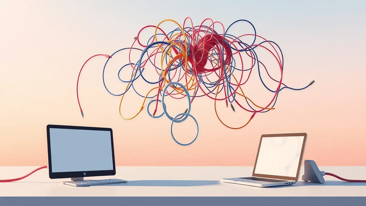 Illustration: A tangled web of colorful, abstract cables floats in midair, representing broken network connections.