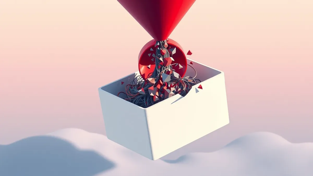 Illustration: A white container box floats in mid-air with a cracked lid, revealing tangled chaotic wires spilling out from within.