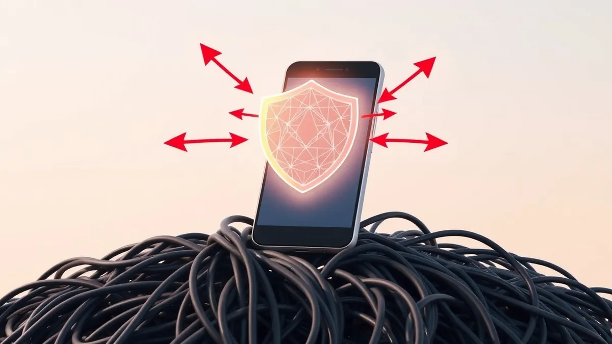 Illustration: A sleek smartphone floats above a tangle of tangled, dark cables.
