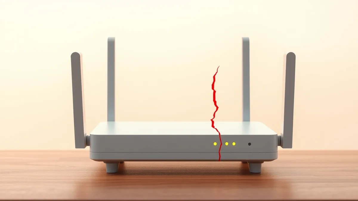 Illustration: A compact wireless router sits on a wooden desk with its status lights glowing steadily.