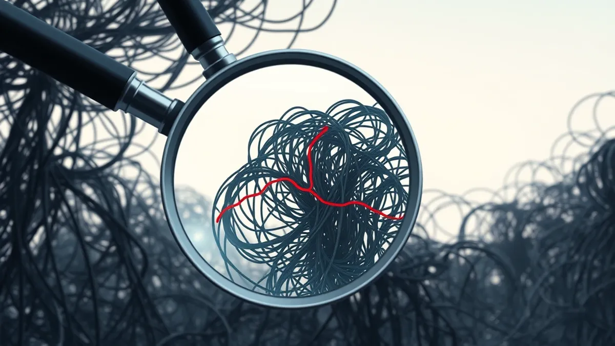 Illustration: A magnifying glass hovers over a dense forest of tangled black and gray wires.