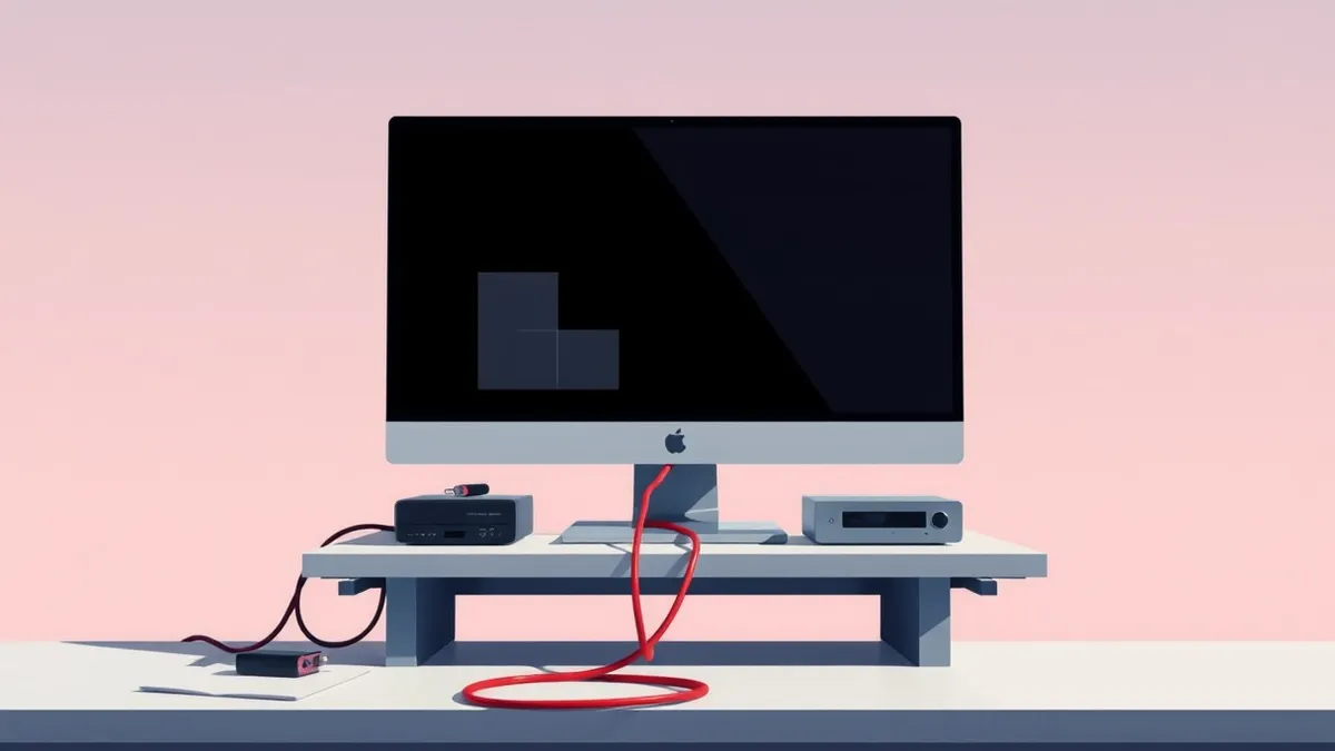 Illustration: A blank computer monitor sits on a cluttered desk, displaying only abstract geometric shapes against a dark background.