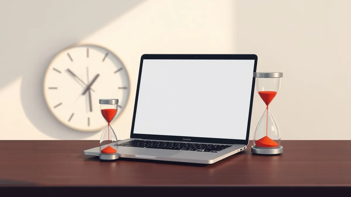 Illustration: An open laptop sits on a dark wooden desk next to a ticking analog wall clock.