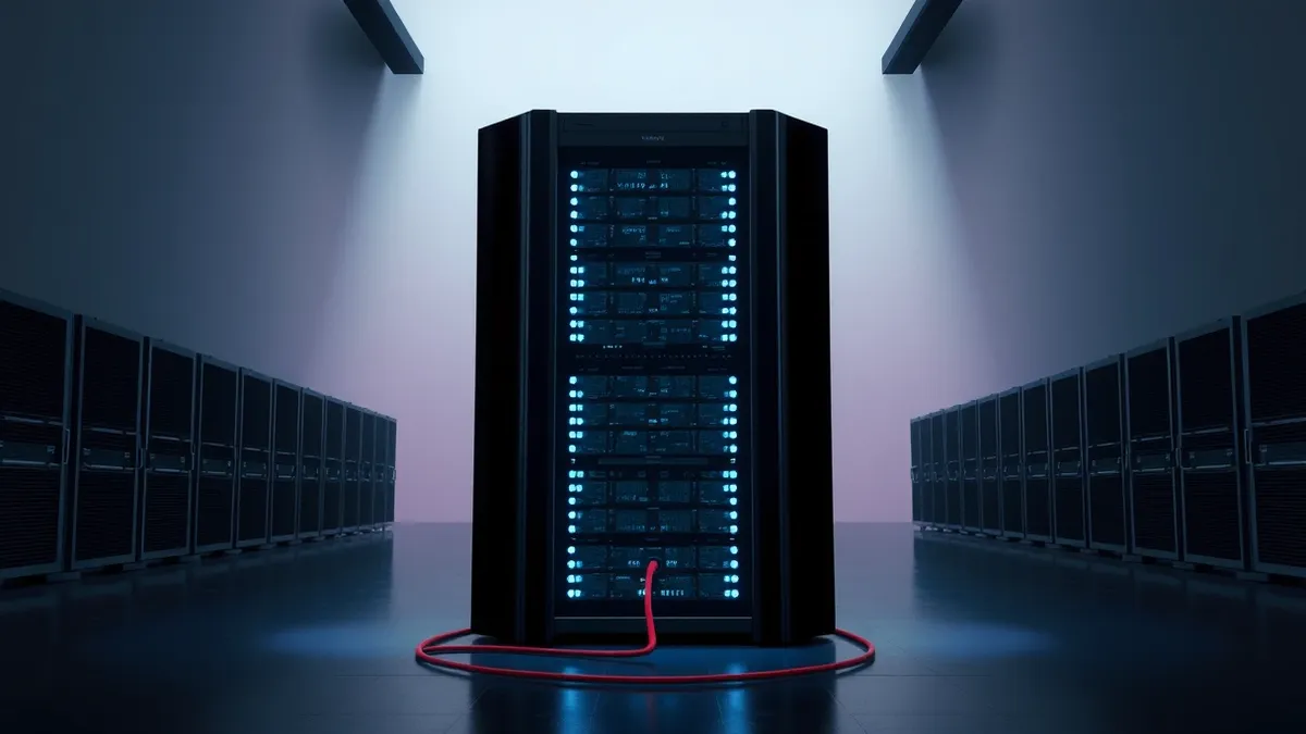 Illustration: A sleek black server rack stands in a dimly lit hall, its front panel glowing with soft blue abstract lights.
