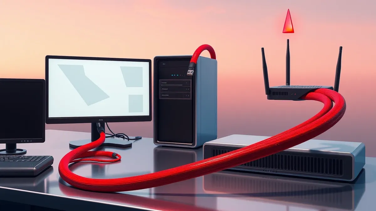 Illustration: A sleek server sits on a metal desk, its single blank monitor displaying a clean interface with geometric shapes.