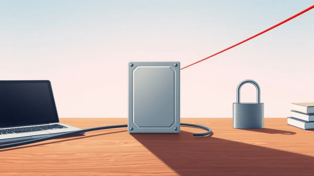 Illustration: A sealed external hard drive sits on a wooden desk, completely disconnected from any cables.