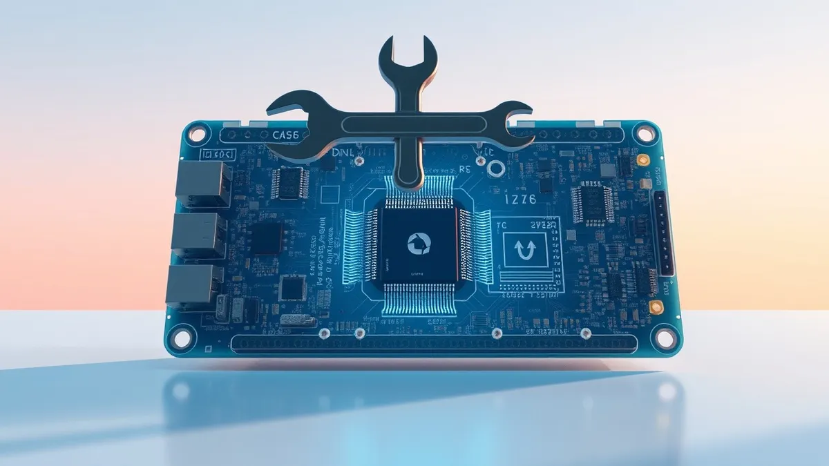 Illustration: A transparent circuit board rests on a clean workbench, its microchips glowing faintly blue.