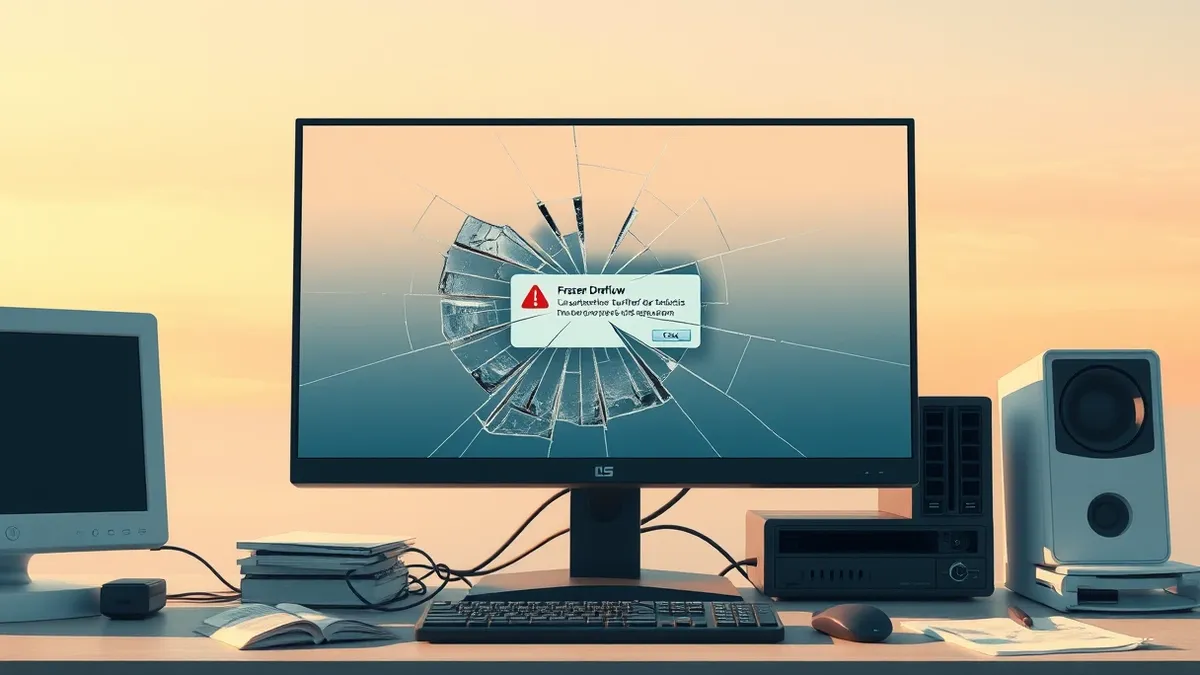 Illustration: A cracked Windows desktop monitor sits on a cluttered desk, its screen displaying a frozen, distorted abstract error dialog box.