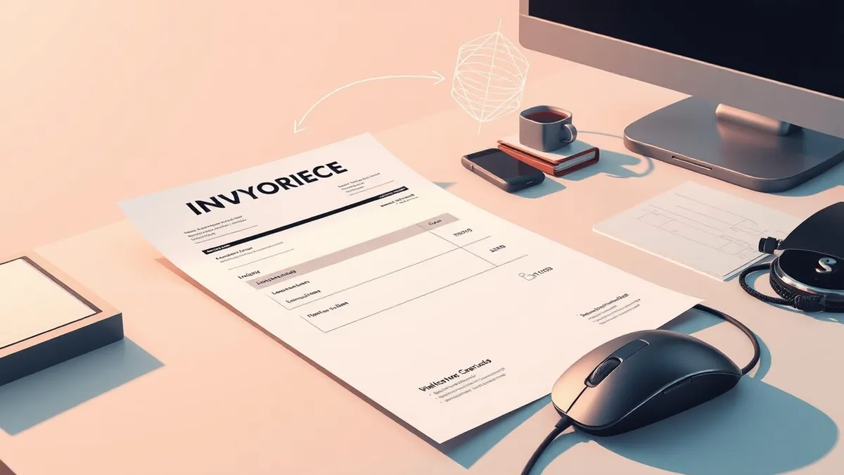 Illustration: A pristine invoice document lies on a cluttered desk next to a sleek office mouse.