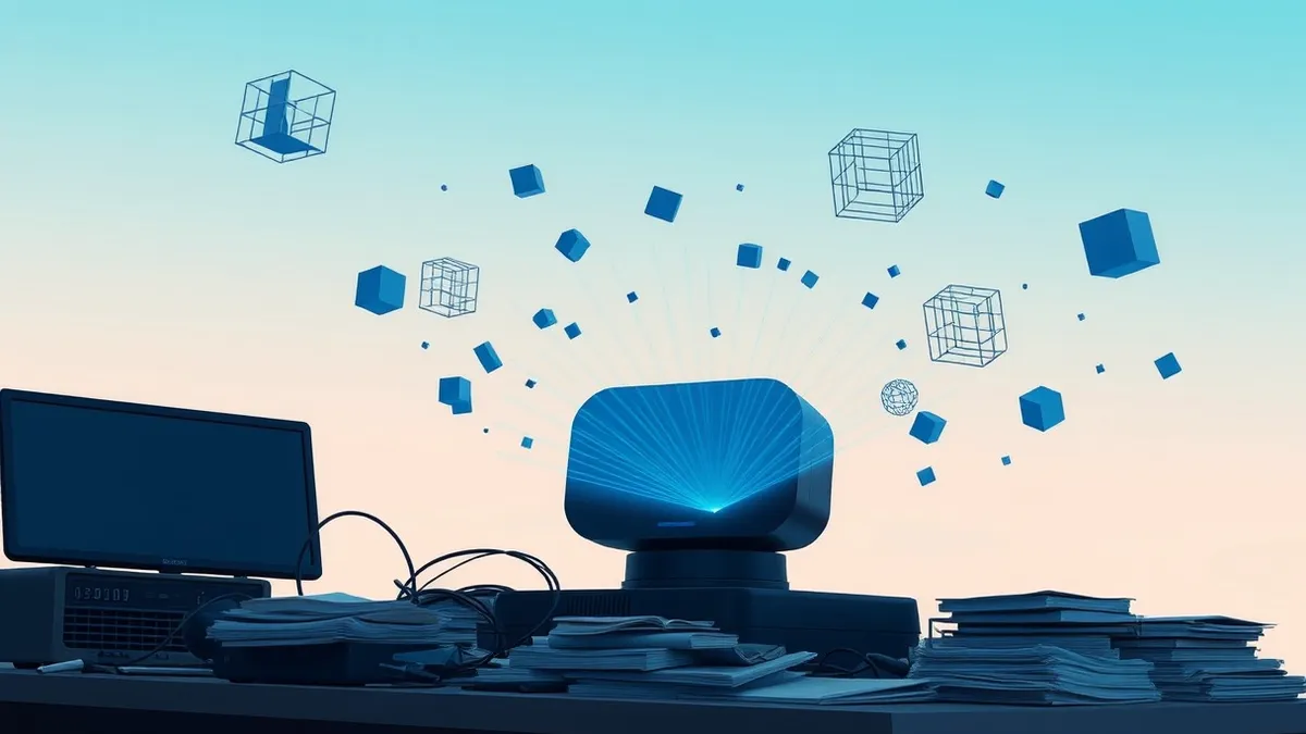 Illustration: A sleek black sensor sits on a cluttered desk, emitting soft blue light beams that connect to floating abstract geometric shapes.
