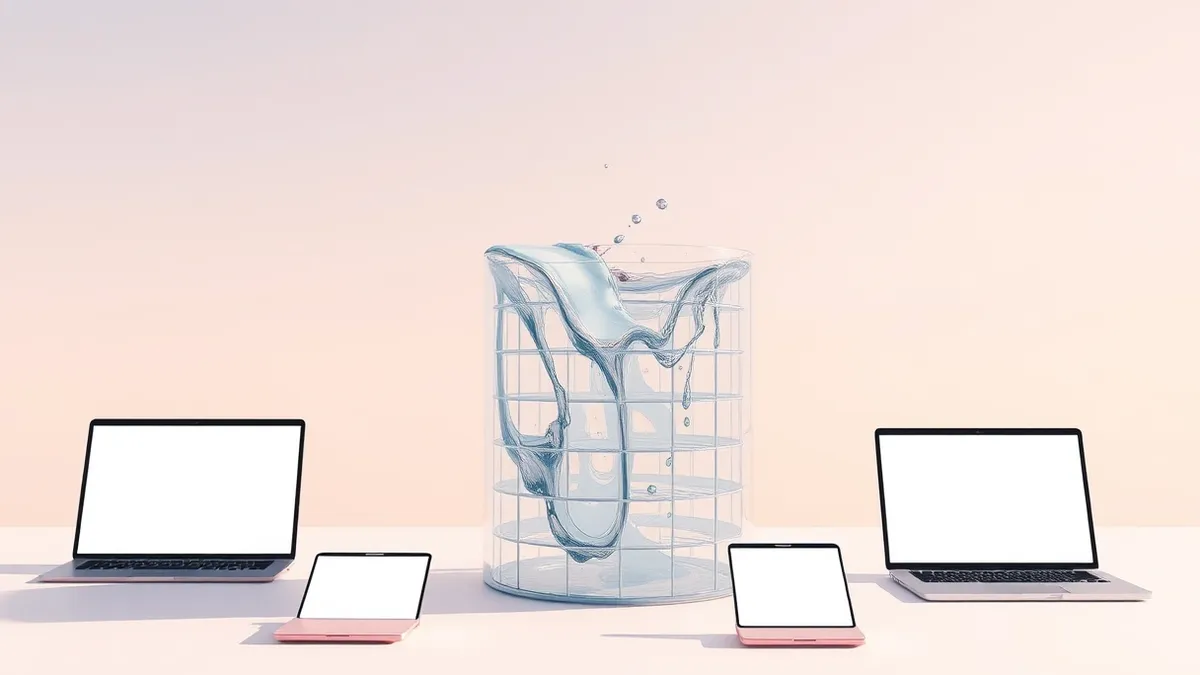 Illustration: A translucent glass container overflows with chaotic liquid that spills over the rim, flooding adjacent empty slots and warping the rigid structure of the surrounding