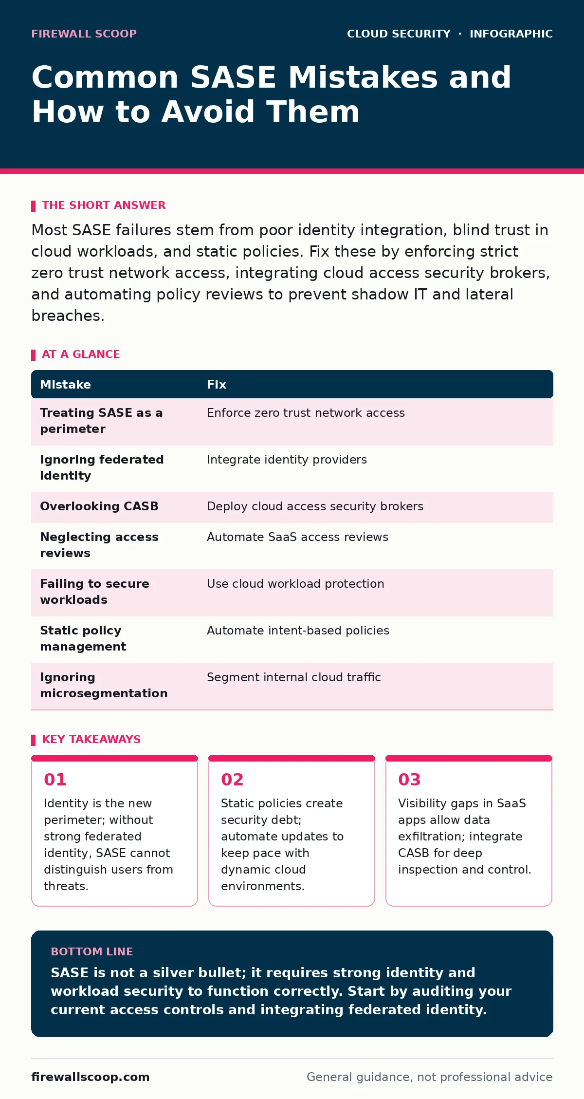 Infographic: Common SASE Mistakes and How to Avoid Them. Identity is the new perimeter; without strong federated identity, SASE cannot distinguish users from threats. Static policies create security debt; automate updates to keep pace with dynamic cloud environments. Visibility gaps in SaaS apps all