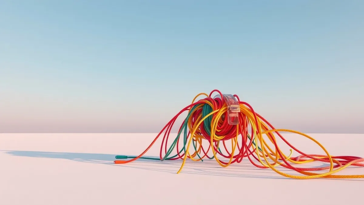 Illustration: A tangled mass of colorful network cables spills from a single point, drifting into an open, empty space.