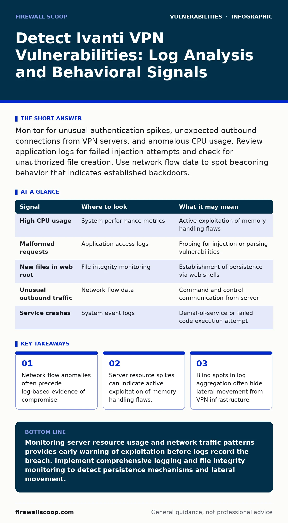 Infographic: Detect Ivanti VPN Vulnerabilities: Log Analysis and Behavioral Signals. Network flow anomalies often precede log-based evidence of compromise. Server resource spikes can indicate active exploitation of memory handling flaws. Blind spots in log aggregation often hide lateral movement fro