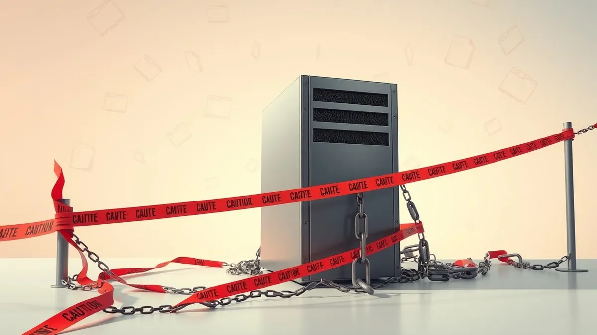 Illustration: A sleek database server sits isolated on a clean desk beside a tangled mass of red caution tape and heavy iron chains.