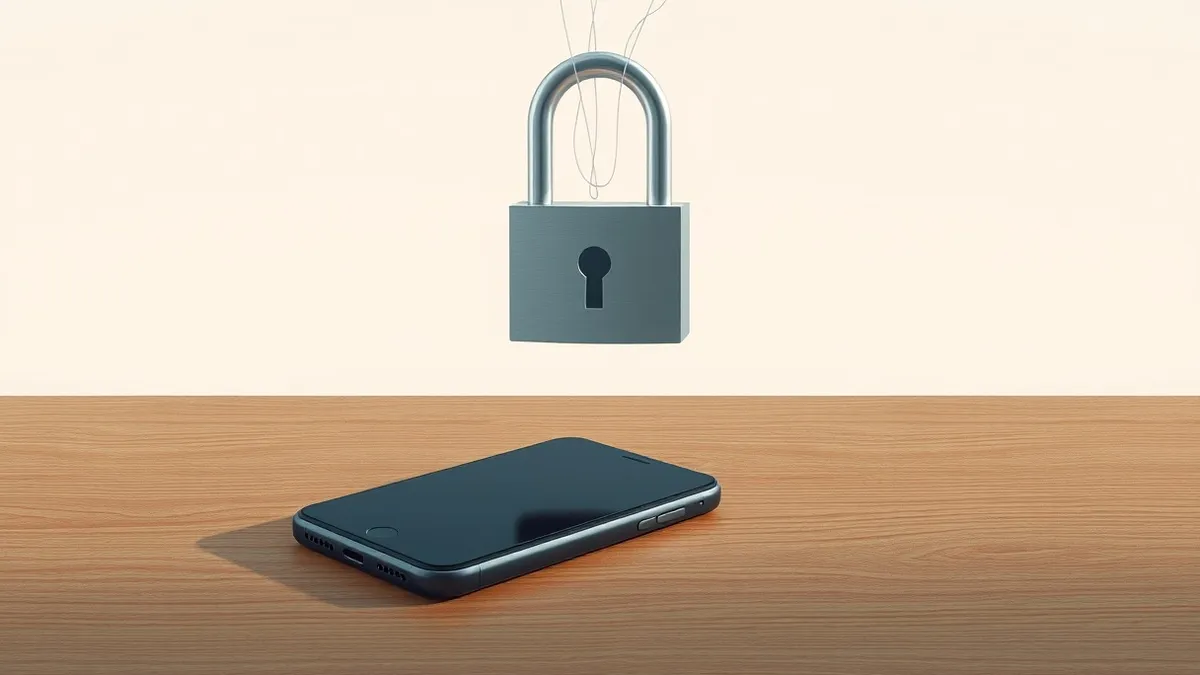 Illustration: A smartphone rests on a wooden desk, its screen dark and blank.