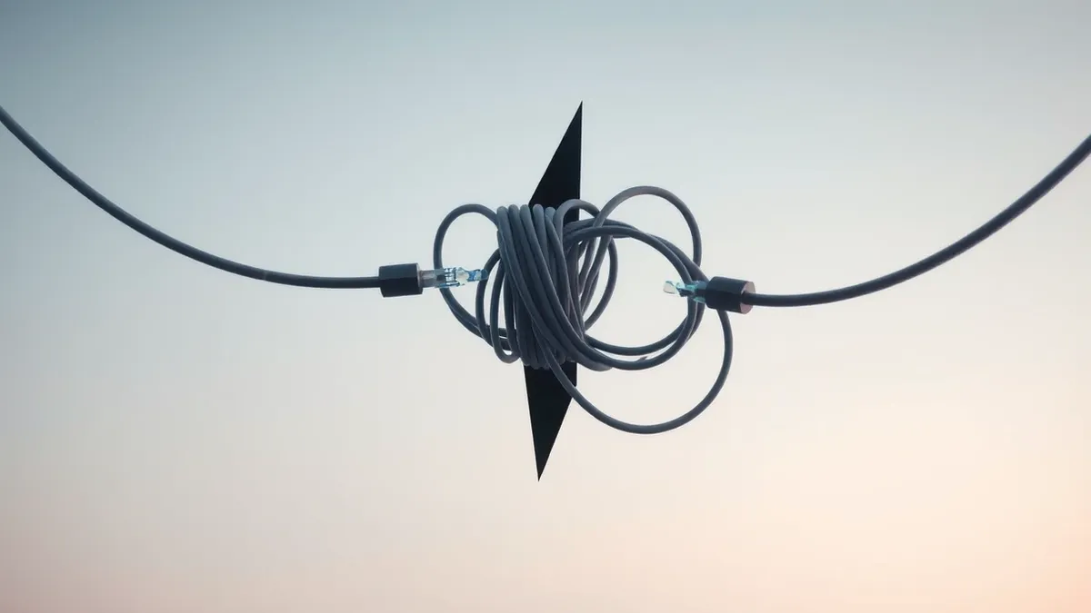 Illustration: A tangled knot of fiber optic cables floats in mid air, with a jagged, dark shard wedged sharply between two severed cable ends.