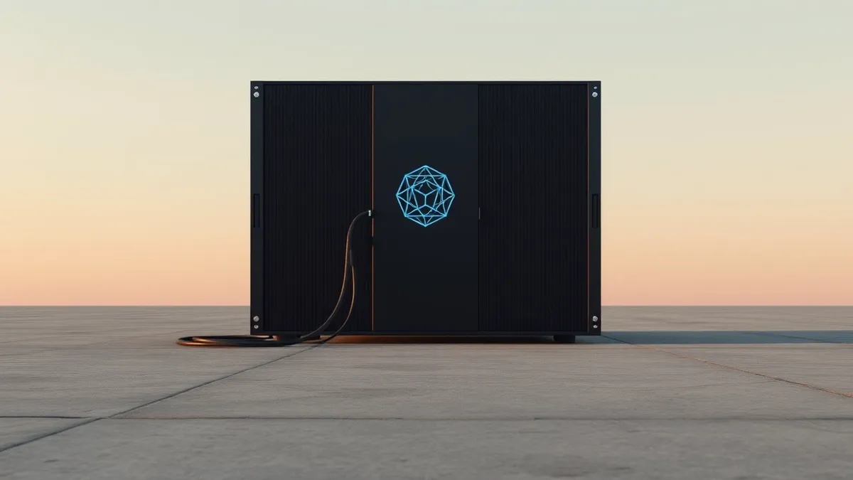 Illustration: A sleek black server unit sits isolated on a concrete floor, its cables plugged directly into the metal chassis without any network wires extending outward.