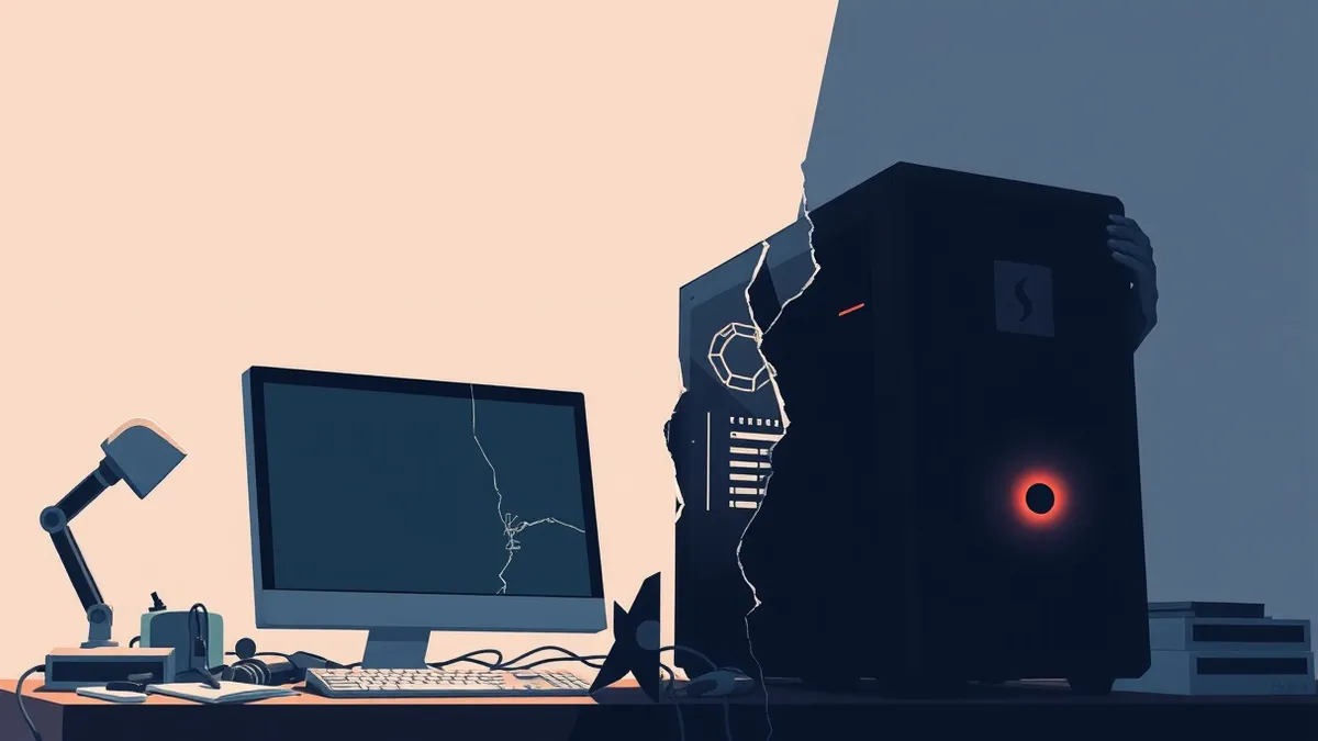 Illustration: A cracked browser window sits on a cluttered desk while a dark, jagged shadow silently slips through the fracture.