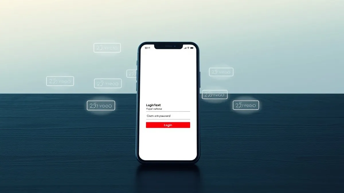 Illustration: A solitary smartphone sits on a dark wooden table, its screen displaying a generic login interface.