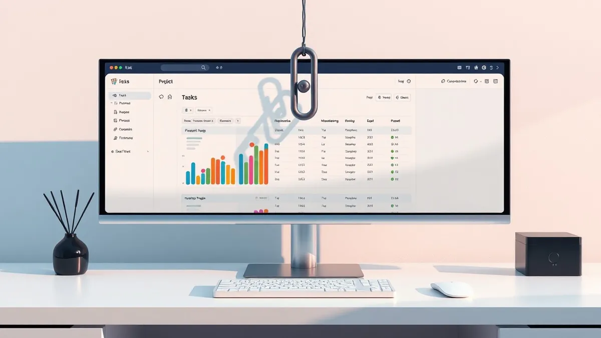 Illustration: A sleek task management application window sits open on a clean desk, displaying generic colorful bars and abstract shapes.
