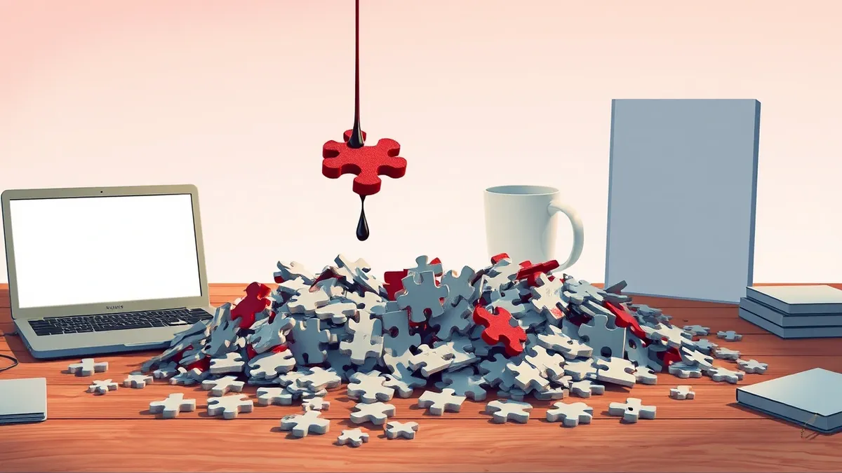 Illustration: A chaotic pile of scattered puzzle pieces lies on a wooden desk.