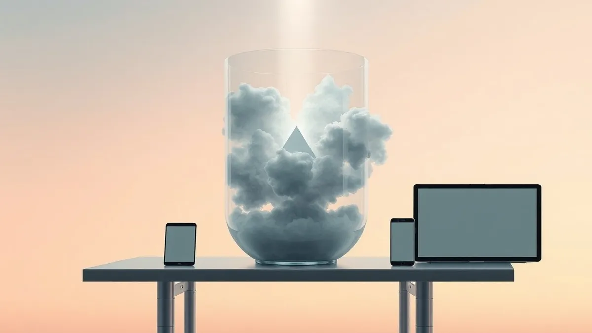 Illustration: A transparent glass vessel sits on a steel table, containing swirling gray fog that transforms into sharp, glowing geometric shapes.