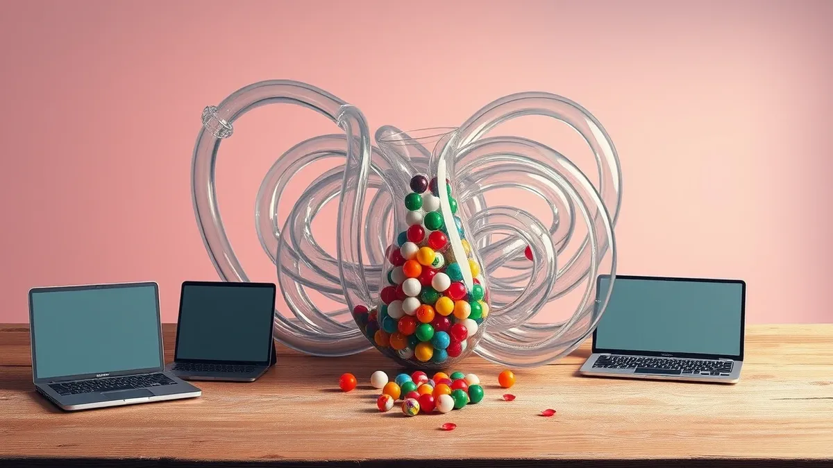 Illustration: A tangled knot of transparent glass pipes sits on a dusty wooden desk.