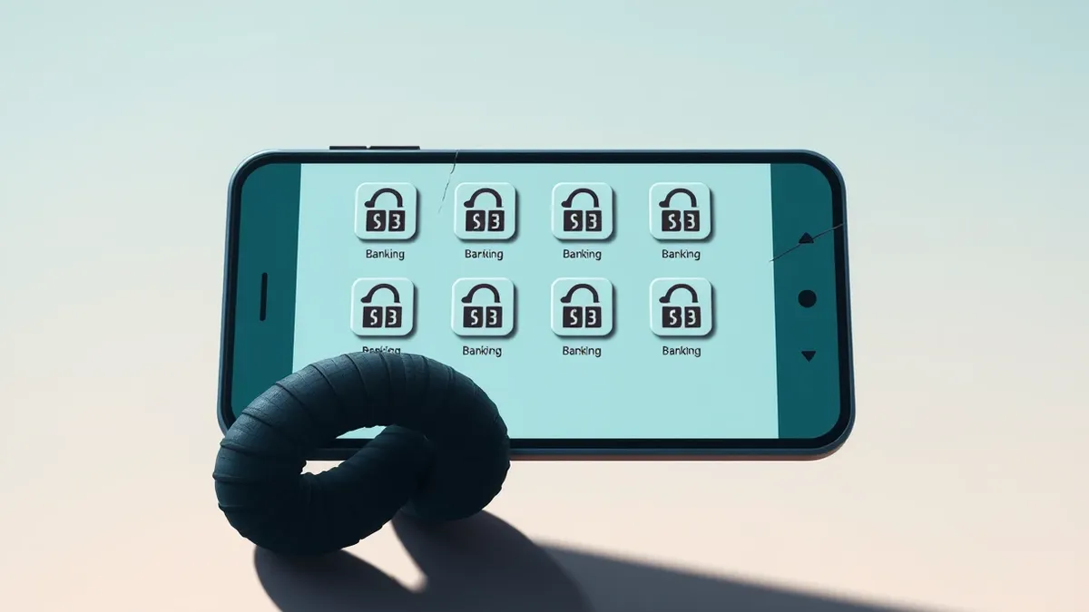 Illustration: A cracked smartphone screen displays eight identical generic banking application icons arranged in a grid.