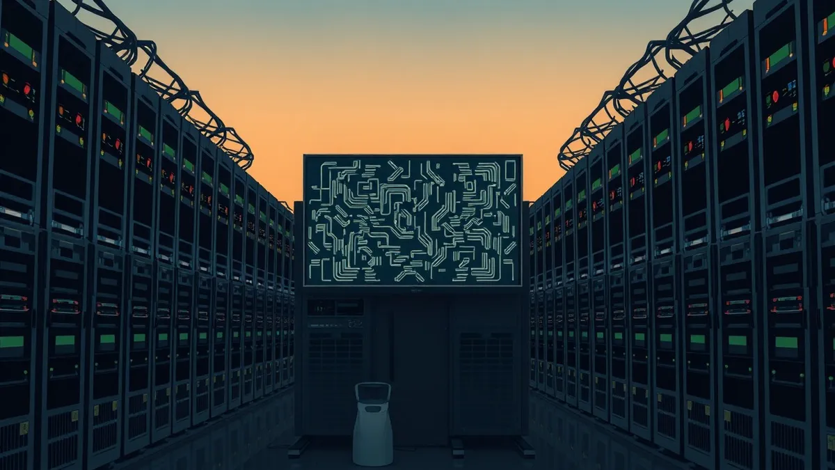 Illustration: A dense array of generic computer servers hums in a dim room, their blinking lights reflecting off a single, blank monitor.