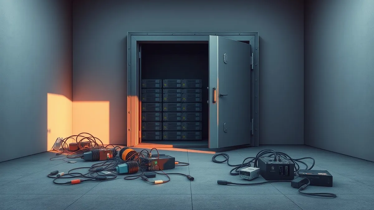 Illustration: A sturdy metal vault door stands slightly ajar in a dim room, revealing neatly stacked hard drives inside.