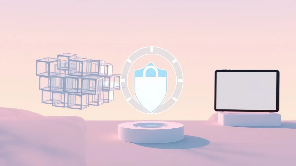 Illustration: A sleek smartphone floats in mid-air, emitting a stream of translucent, interlocking geometric cubes that travel toward a central, rotating digital ring.