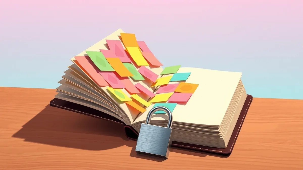 Illustration: A thick leather-bound book sits open on a wooden desk.