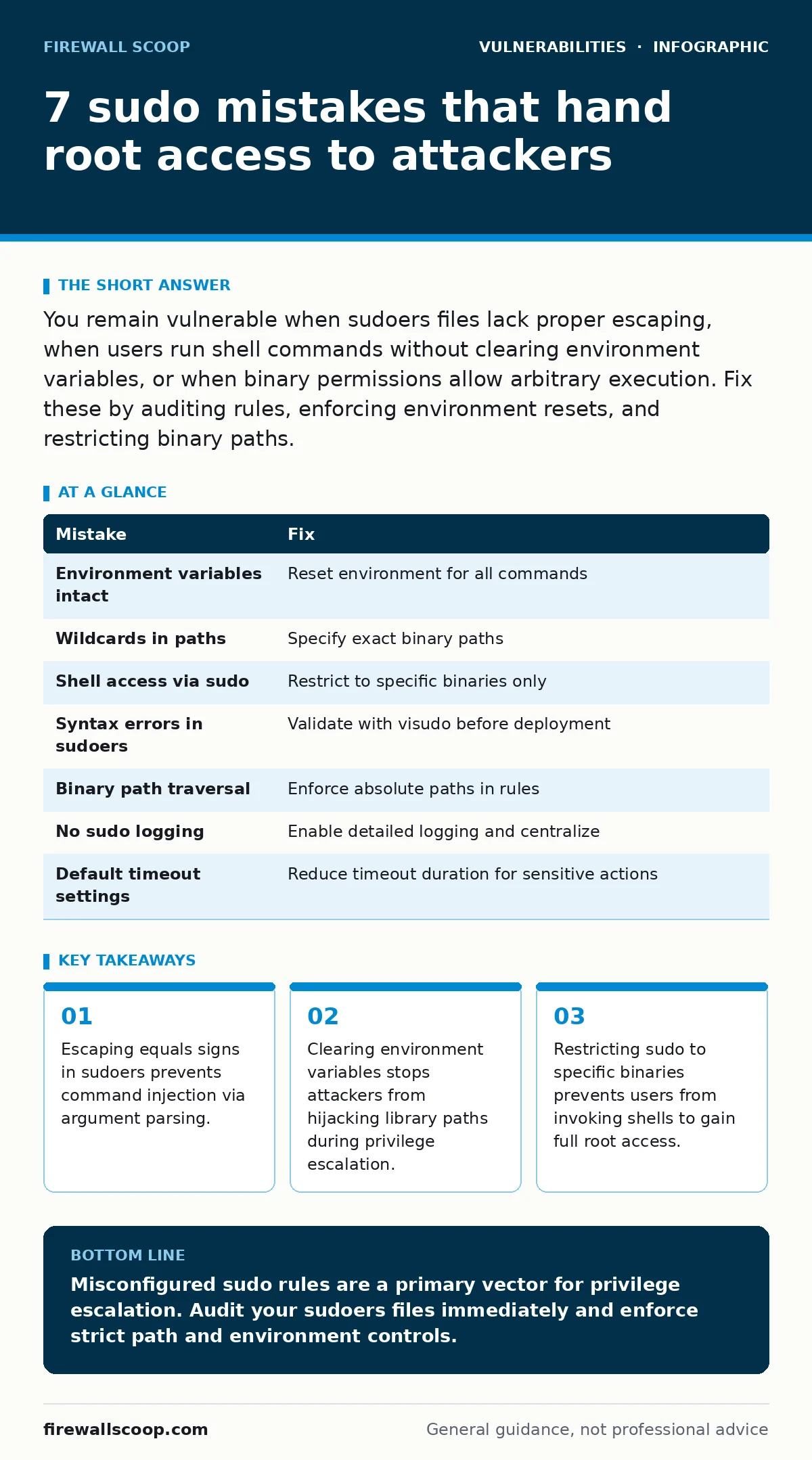 Infographic: 7 sudo mistakes that hand root access to attackers. Escaping equals signs in sudoers prevents command injection via argument parsing. Clearing environment variables stops attackers from hijacking library paths during privilege escalation. Restricting sudo to specific binaries prevents u