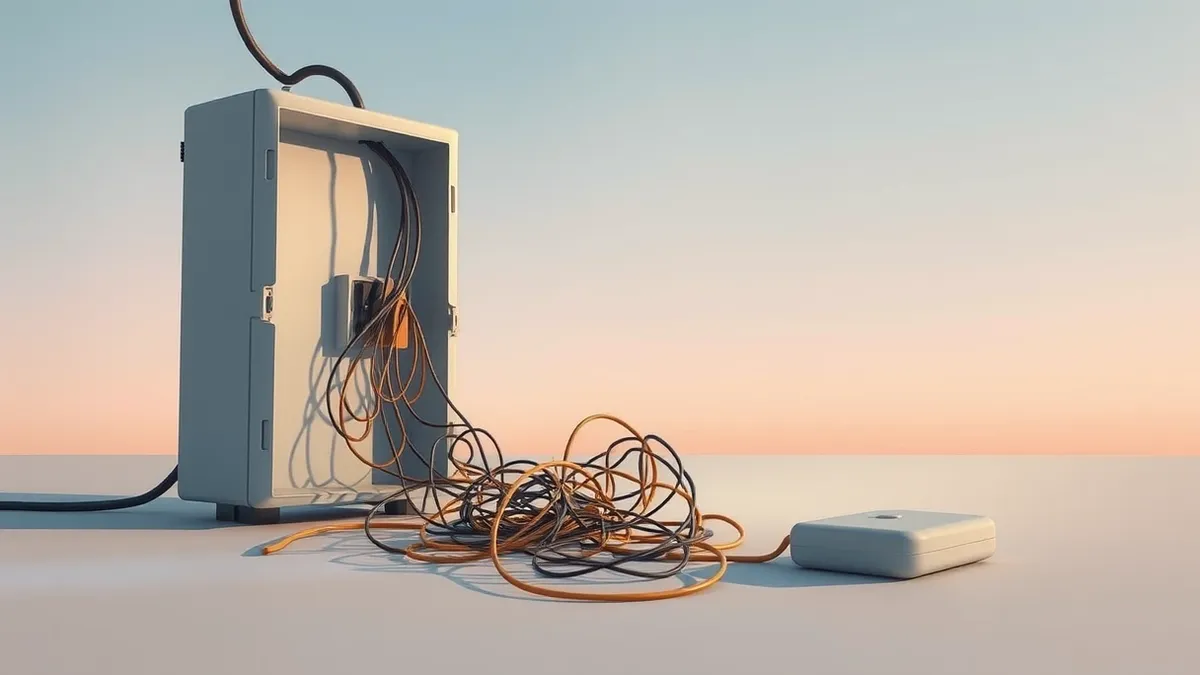 Illustration: A tangled knot of loose electrical wires spills from an open terminal box, bypassing the heavy safety switch and connecting directly to the main power source.