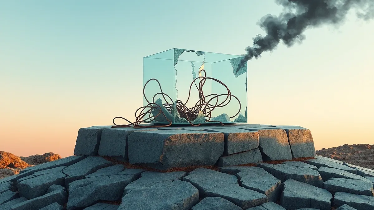 Illustration: A shattered glass box rests on a cracked stone foundation, revealing tangled wires spilling outward from the broken vessel.